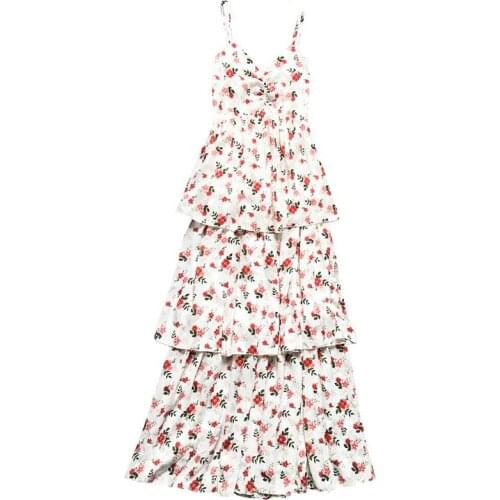 PERHAPS U Apricot Black Chiffon Flower Print V Neck Sleeveless Cascading Ruffle Long Maxi Fit And Flare Summer Beach Dress D1365
