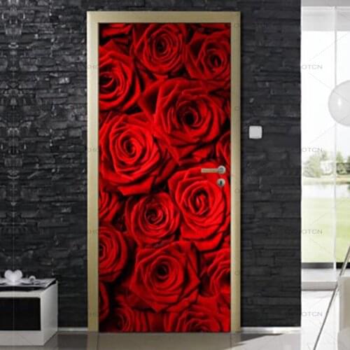 Red Rose Prints Decor Sticker Self Adhesive Bedroom Door Art Picture New Home Design DIY Renovation Mural Waterproof Wallpaper