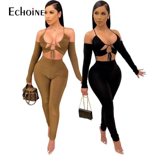 Echoine Women Ruched Spaghetti Strap Sexy Two Piece Set Long Sleeve Backless Crop Top & Pencil Legging Fitness Tracksuit Outfits