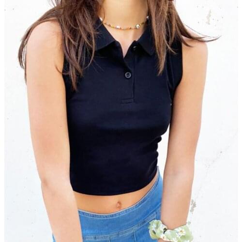 Summer Tanks Women Crop Tops Sleeveless Solid Color Leisure Tops Lapel Neckline Buttons Shirt Tank Top Clothes for Female Summer