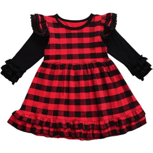 Fashion Baby Girls Christmas Dress Red Black Plaid Print Long Sleeve Round Collar Dresses 0-4 Years