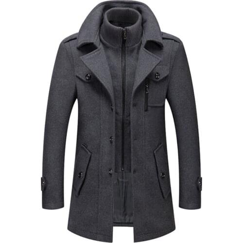 New Men Wool Blends Coats Autumn Winter Solid Color Cold Resistant Men Woolen Overcoat Double Collar Casual Trench Coat Male
