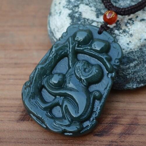 Natural Green Real HeTian Stone Pendant Carved Monkey Zodiac Monkey Pendant Necklace Lucky Amulet Gift For Mens Jewelry