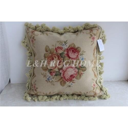 FREE SHIPPING 15K 16"X16" Needlepoint pillow, handknotted cushion with floral designs no insertion