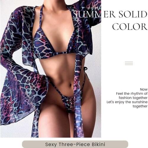 Snake Print 2021 Long Flare Sleeve Cover-Ups Beachwear Bikini Women Swimwear Female Swimsuit 3 Pieces Sets Biquinis Feminino
