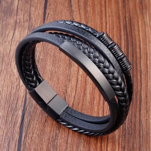 Luxury Classic Multi-layer Style Hand-woven Winding Stainless Steel Mens Leather Bracelet With Magnet Clasp For Mens Jewelry