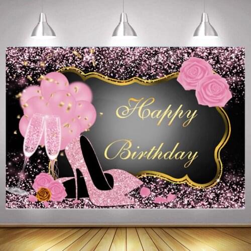 Pink Happy Birthday Party Girls Photo Backdrop Custom Balloon Lady Shoes Rose Decoration Photography Backgrounds Banner
