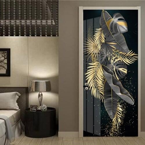 Self-Adhesive Door Sticker Modern Luxury 3D Golden Banana Leaf Wallpaper Living Room Bedroom Door Poster Waterproof 3D Stickers