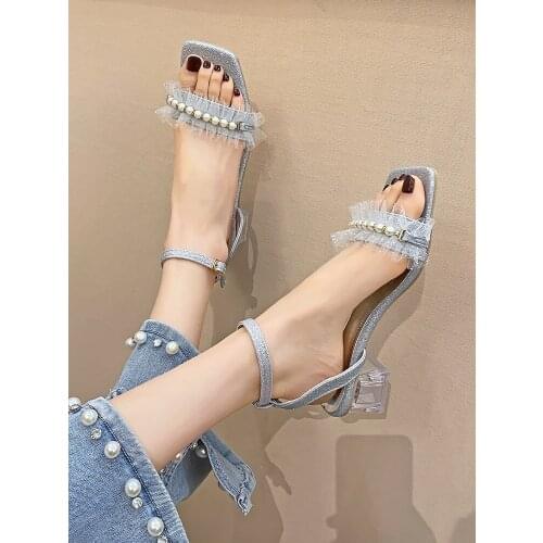 Sandals women 2021 new summer pearl crystal fashion womens thick heels high heels