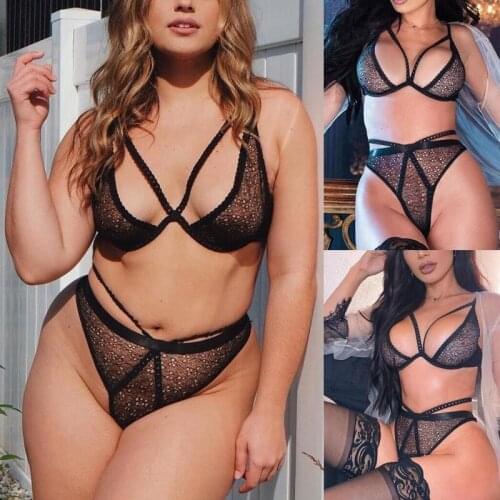 Sexy Lingerie Three-Point Suit Lace Sling Pajamas European And American 2PCS Bra Set 3XL-M