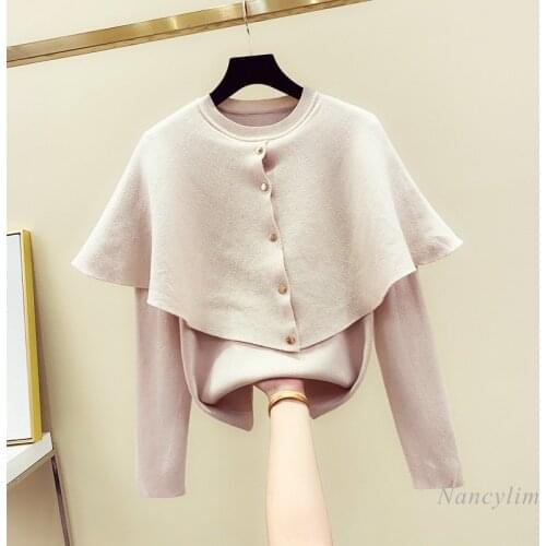 Sweet Lotus Leaf Cloak Sweater Women Slim Fit Outerwear Female Elegant Knitted Pullover Coat 2021 Spring