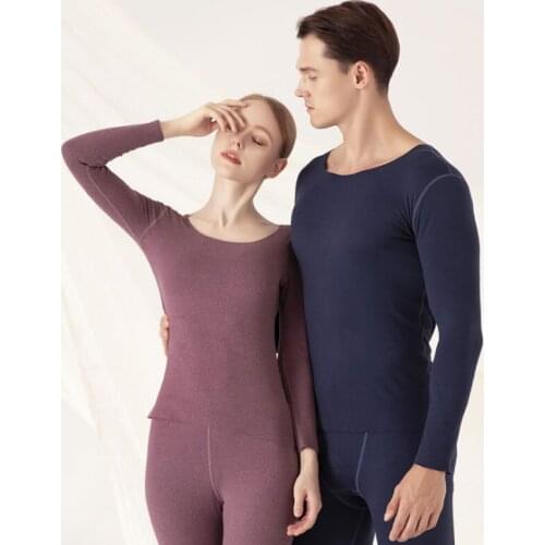 Thermal underwear womens double - face hair - rubbed trackless slim round collar bottom shirt mens thermal long - Johns suit