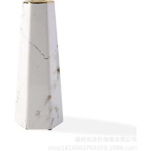 Modern Hexagonal Marbled Ceramic Vase Floral Arrangement Dried Flower Desktop Ornament Gilded Vase Luxury Home Decor Accessories