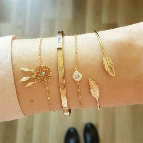 4 Pcs/ Set Vintage Dream Catcher Bracelets Boho Leaves Chain Opening Gold Color Bracelet Set Women Fashion Jewelry A Direct Sale