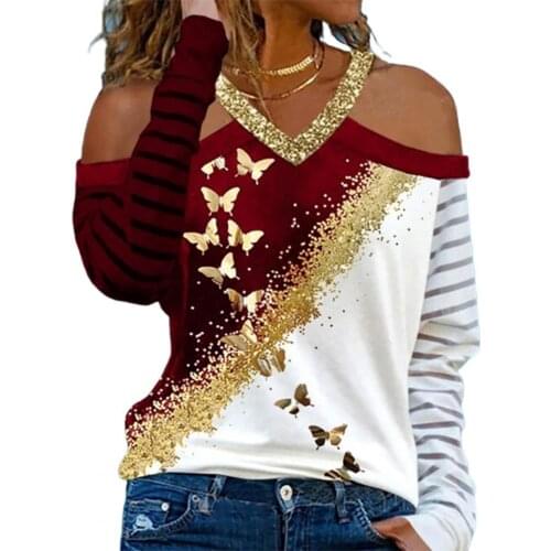 Hot Sale Long Sleeve V Neck Women Blouse Skin-friendly Off Shoulder Butterflies Print Autumn Blouse Pullover Top Plus Size 2021