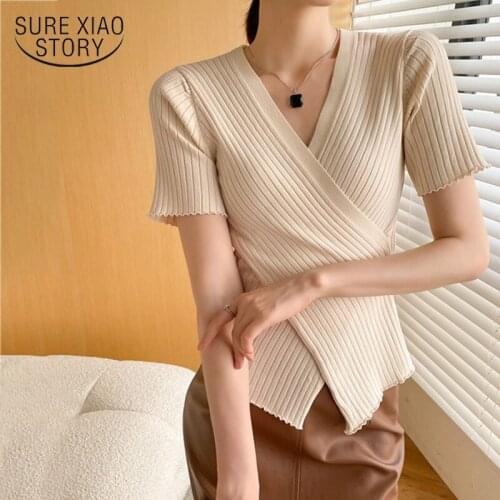 Sexy V-neck Slim Knit Blouse Women 2021 Summer Knitwear Cotton Solid Irregular Pullover Bodycon Korean Women Clothes Tops 15036