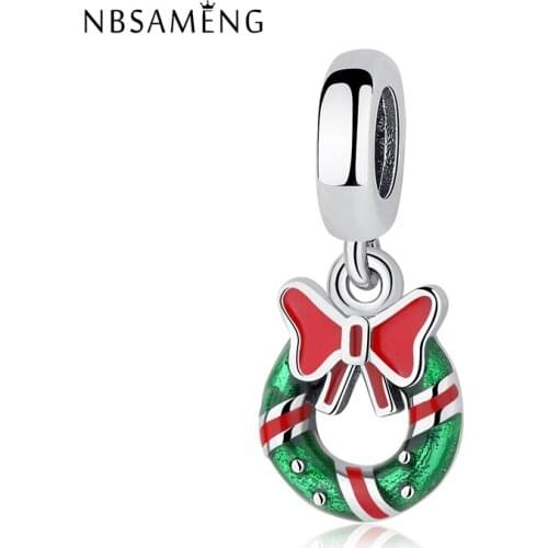 925 Sterling Silver Bead Charm Holiday Wreath Pendant Berry Red Green Enamel Beads Fit Original Bracelet Jewelry Gift