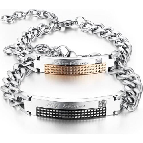 Woman Man Link Chain Bracelets Classical Black/Gold Stainless Steel Cubic Zirconia Women Men Jewelry GS708