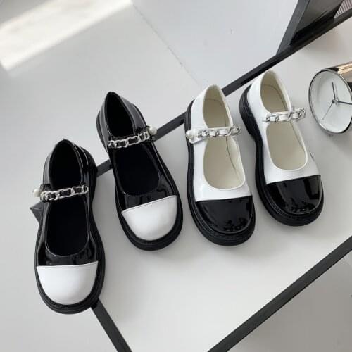 Women Mary Janes Shoes Flat on Platform Shoes Black White Mixed Colors Thick Sole Pearl Leather Boat Shoes Zapatos Mujer 9270G