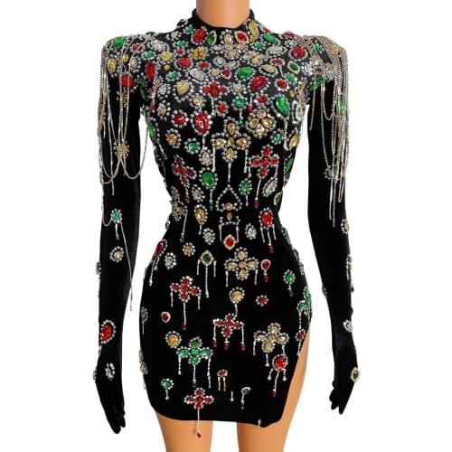 Multi-color Rhinestone Turtleneck Black Velvet Dress Birthday Gloves Sleeve Costume Prom Women Dance Chain Short Dress