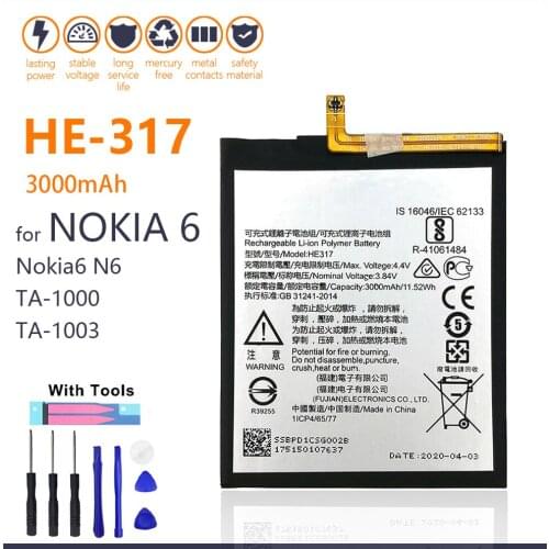 100% Genuine HE317 HE-317 For Nokia 6 N6 TA-1000 TA-1003 TA-1021 TA-1025 TA-1033 TA-103 3000mAh Phone Batteries With Gifts Tools