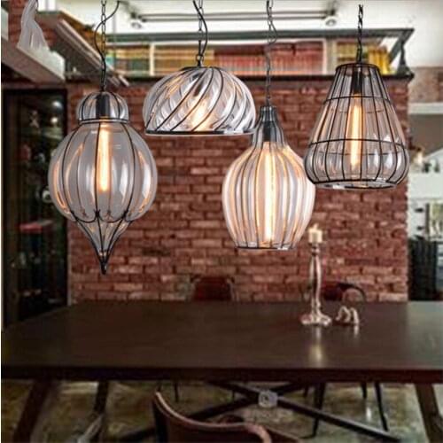 SGROW American Vintage Glass Lampshade Pendant Light Dinning Room Bar Cafe Pendant Lamp Iron Birdcage Art Lighting Fixtures