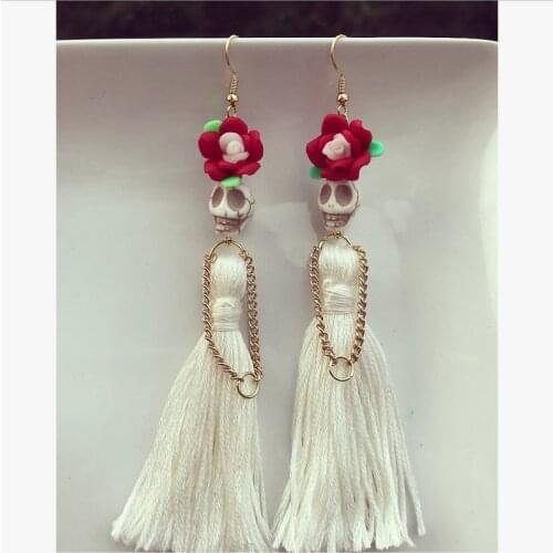 White Skulls with White Long Tassels Dangle Earrings,gothic Skull ,dangle Earrings,Women New Fashion,day of The Dead Jewelry