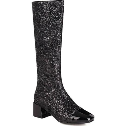 Glitter Stitching Patent Leather Knee-Length Boots Sequined Thick Heel Square Toe Shiny Womens Boots Winter Short Plush Shoes