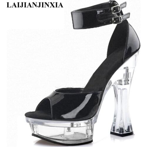 Fashion Patent Leather Spool Heels Women Sandals Buckle strap Shallow 14 Cm Super High Heeled Shoes Sexy Fetish Coarse Shoes