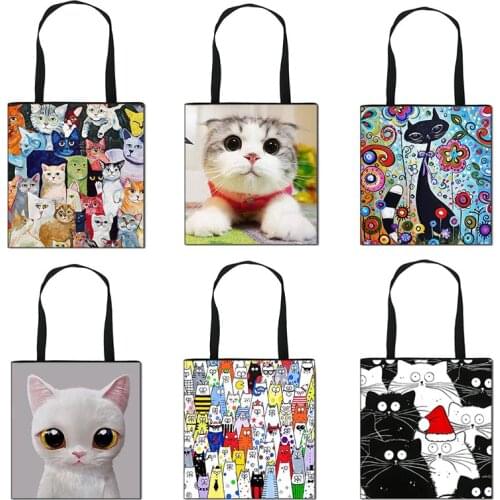 Cartoon Cat Print Ladies Handbag Shopping Large Capacity Storage Bag Girl Fashion Travel Portable Shoulder Bag