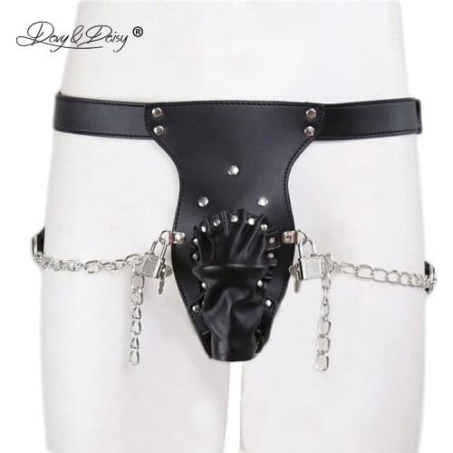 DAVYDAISY Men Chastity Belt Metal Chain Panties PU Leather Gay Fetish Thongs Sexy Lingerie Briefs Adult Male Underwear UN537