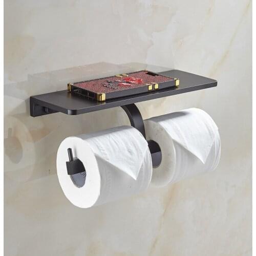Toilet Paper Holder Black Aluminum Bathroom Paper Holder Wall Mounted Storage Shelf Double Paper Racks Roll Paper Hooks