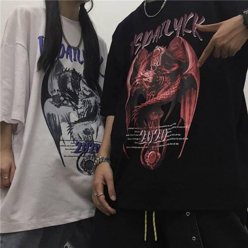 Hip Hop Dark Retro Print Loose Short Sleeve T-Shirt Tops Unisex Trend High Street Gothic Tshirt Streetwear Cool Harajyku Tops
