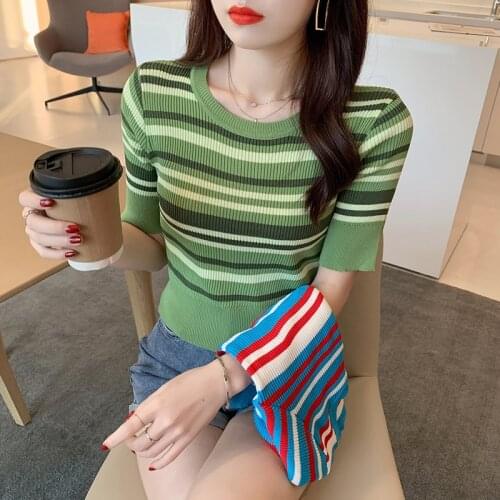 GGRIGHT 2021 Summer Y2K Short Sleeve Knit Crop Top Blue Women Casual Basic Sexy Vintage Stripe T Shirts Green Knitwear