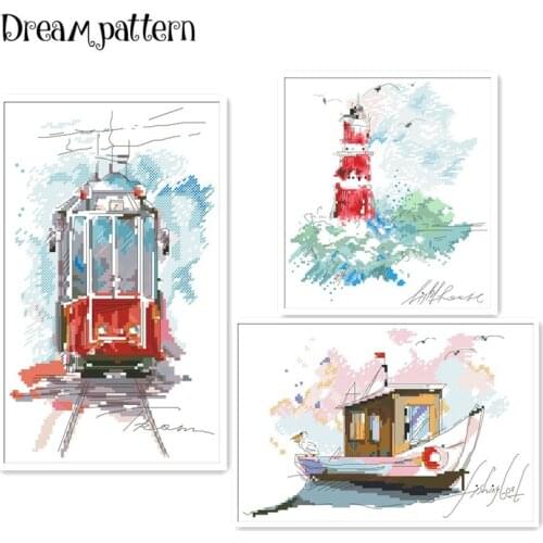 Urban tram Seaside lighthouse cross stitch package cartoon 18ct 14ct 11ct cloth cotton thread embroidery handmade Dreampattern