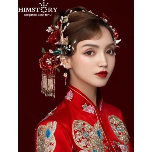 HIMSTORY Retro Chinese Red Clear Liquid Flower Wedding Hairpins Green Leaf Pearl Tassel Hair Stick Jewelries Accessories
