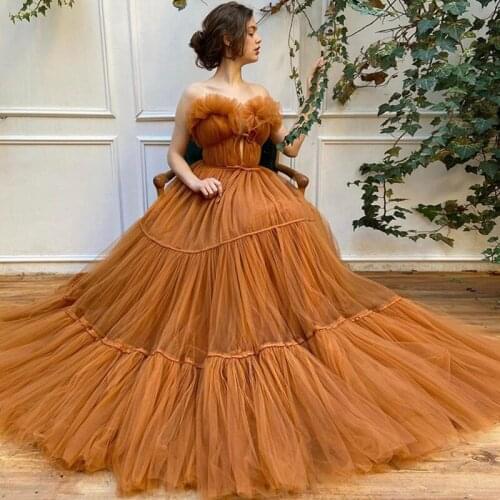 Pretty Orange Color Ruffles Tulle Prom Dresses A-line Long Birthday Party Dress Long Prom Gowns 2021