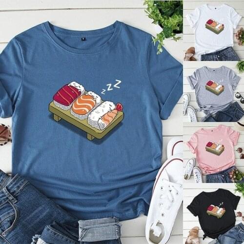 2020 Summer S-3XL Cartoon Sleepy Sushi Printed Shirt Kawaii Women Top Harajuku Unif Streetwear Aesthetic Tshirt for Women Lady