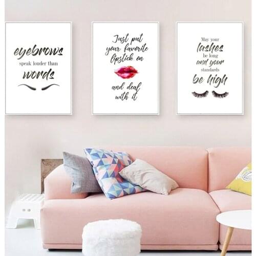 Makeup Prints Eyelashes Eyebrows and Lipstick Wall Art Canvas Posters Makeup Fashion Quotes Painting Pictures Girls Room Decor