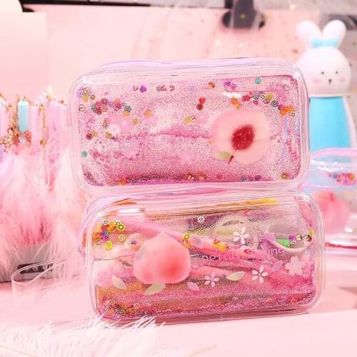 Cute Quicksand Pencil Case High Capacity Pencil Bag Transparent Glitter Pencilcase For Girls Pen Box School Supplies