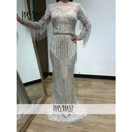 MYMB Haute Couture Long Sleeve Fringe Evening Dress 2021 Silver Beading Sexy Back Wedding Party Elegant Sparkle Dress MY31136