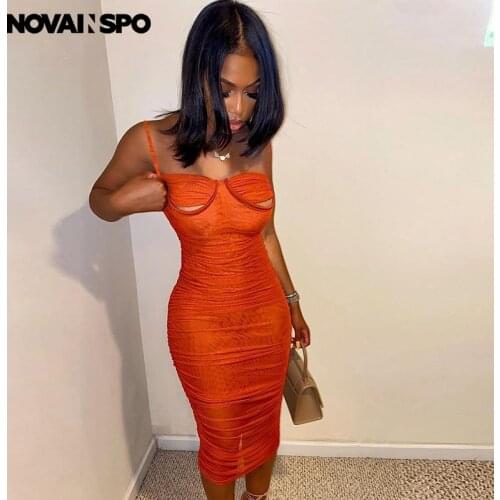 NOVAINSPO Summer Cut Out Mid Waist Baddies Strap Pencil Dress 2021 Casual Sexy Streetwear Mesh Ruching Solid See Through Outfits