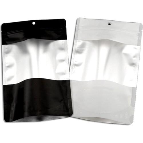 Wholesale 50pcs 14x21x4cm Matt Black/White Plastic Ziplock Packaging Bag Doypack Foil Frosted Coffee Powder Window Gift Pouches