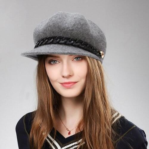 Fall Winter New Womens Octogonal Hat Lady Fashion Chain Wool Cap Female Pure Color Casual British Retro All-match Hats H7217