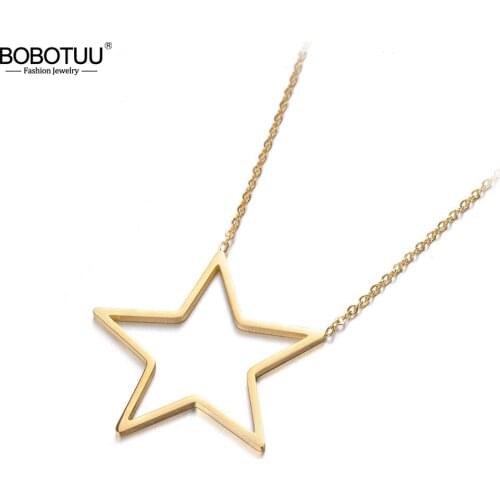 BOBOTUU Trendy Gold Color Hollow Star Pendant Necklaces Jewelry Classic Titanium Steel Chokers Necklace For Women Girls BN17050