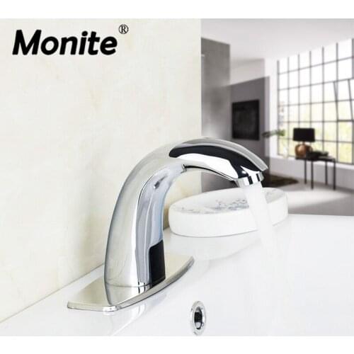 Monite Luxury Solid Brass Chrome Automatic Sense Faucet Kitchen Bathroom Basin Water Saving Electric Sensor Water Tap mixer