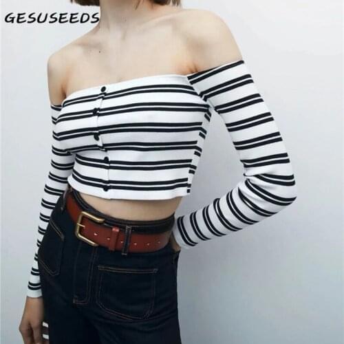 Sexy t shirt women spring off shoulder top long sleeve knit striped shirts black office lady button up shirt skinny streetwear