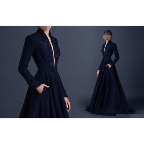 Navy Blue Satin Evening Dresses Embroidery Custom Made robe de soiree Beaded Formal Party Gown Plunging V Neck evening dress