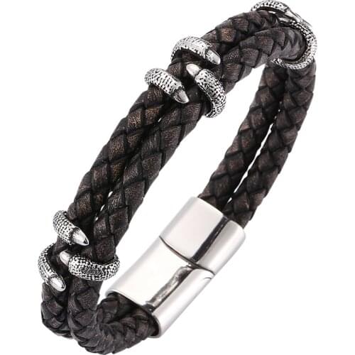 Vintage Jewelry for Men Women Braided Leather Bracelet Stainless Steel Dragon Claw Magnetic Clasp Bangles Punk Wristband PD0249H