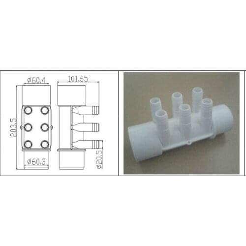PVC Water Manifold 2"S x 2" S with 6 3/4" Ports , 2" PVC Manifold female inlet and male outlet,Spa Hot tub